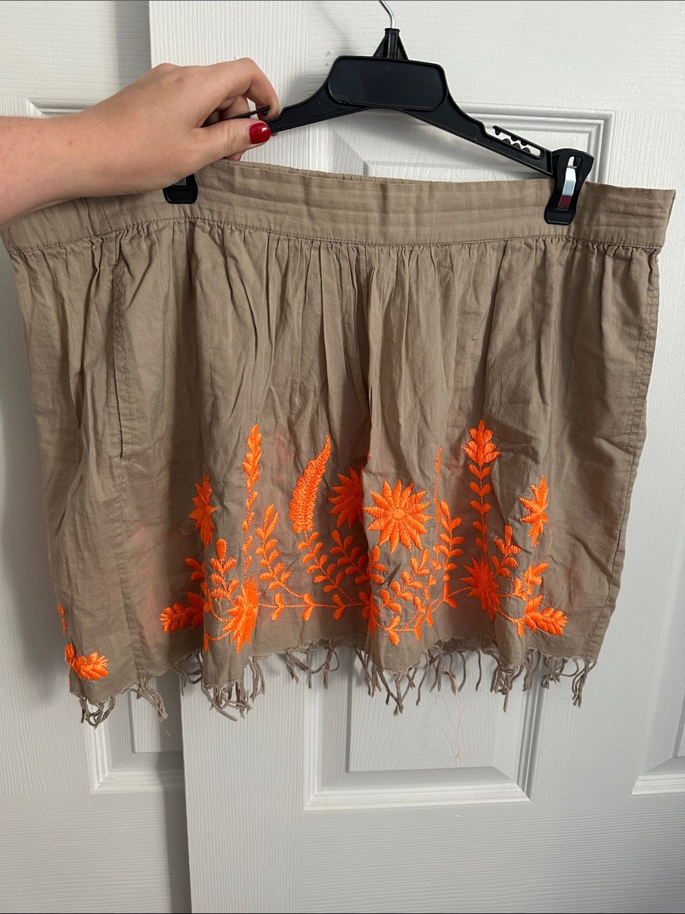 Calypso St. Barth Embroidered Taupe Mini Skirt with Neon Orange Floral Detail